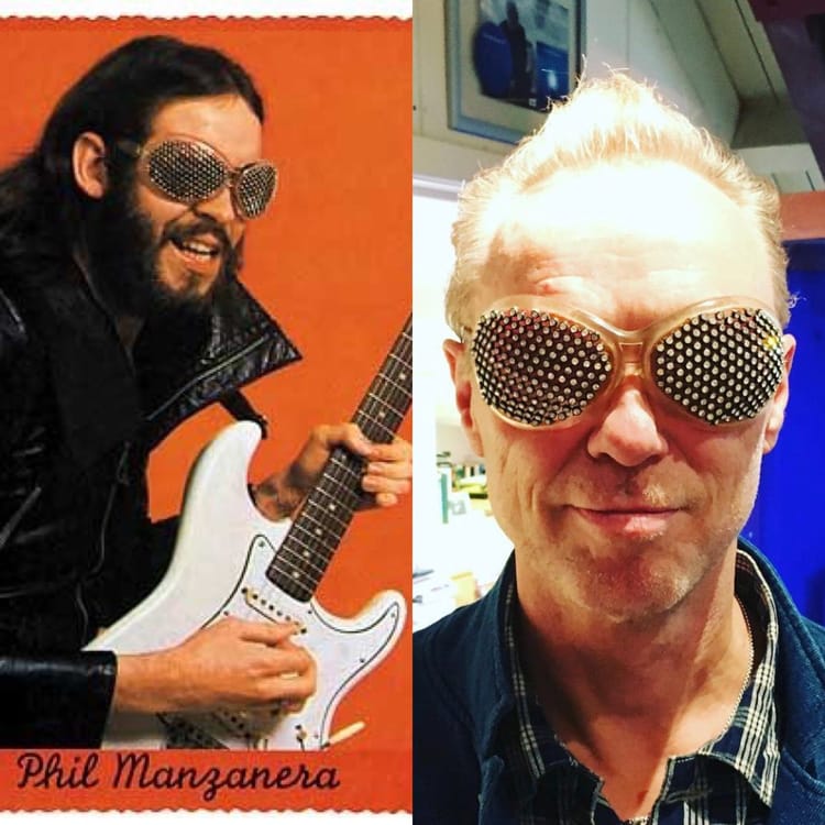 Two images of guitarist Phil Manzanera wearing wild sunglasses.